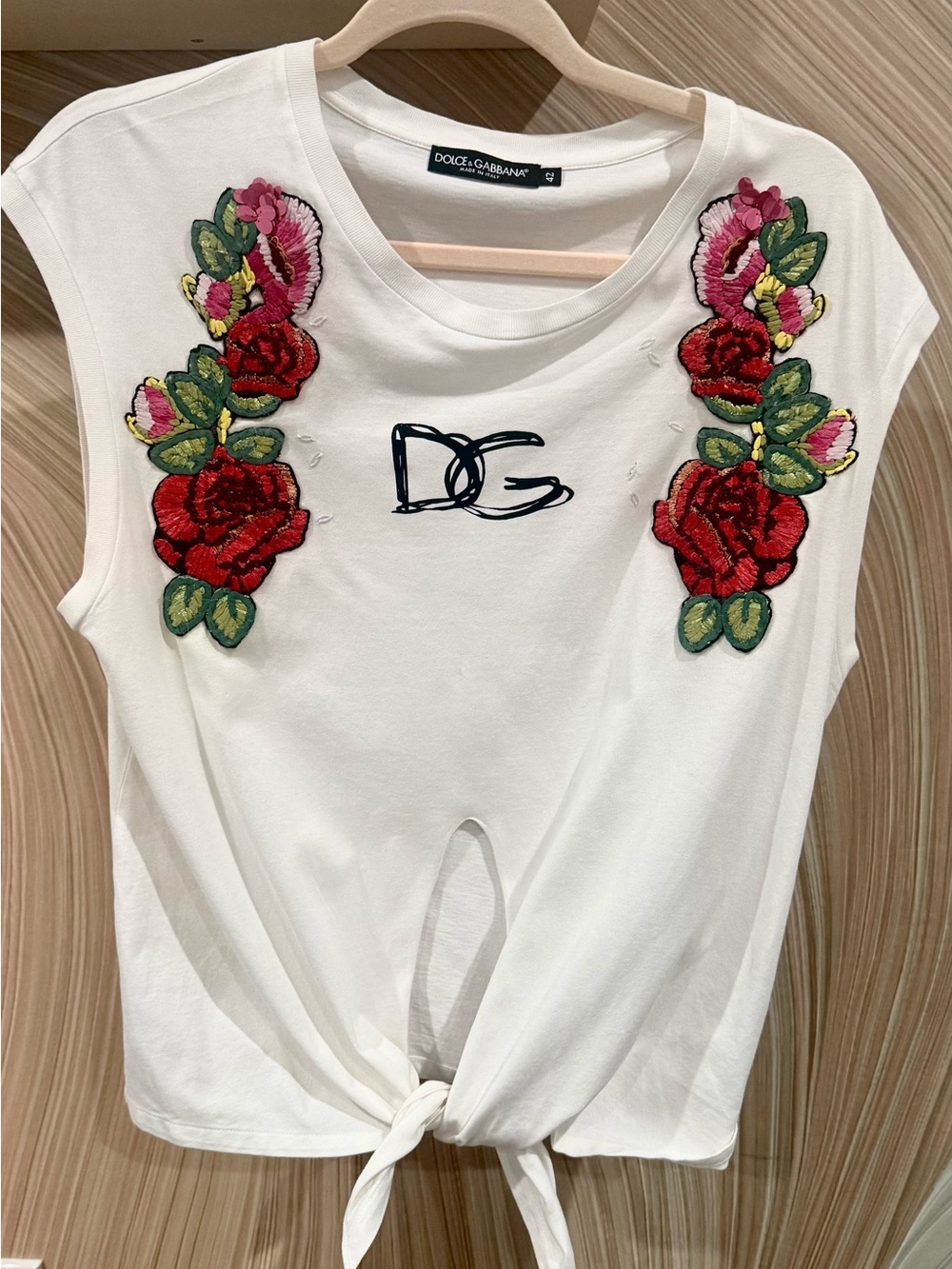 Dolce & Gabbana White Rose Embroidered Tie-Front Tank Top